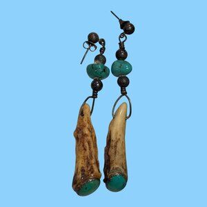 Vintage Native American Antler Turquoise Long Drop Earrings Southwestern Inlay